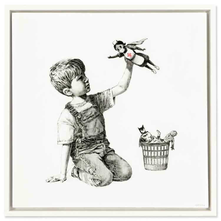 Game Changer by Banksy: a child holding a nurse superhero figure.